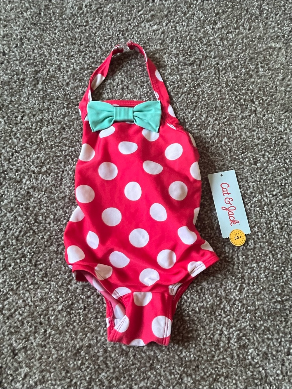 Cat & Jack Infant Red Polka Dot One-Piece Swimsuit with Mint Bow (12M)